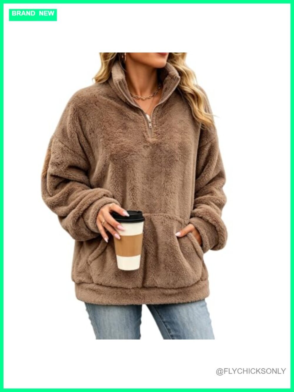 Womens Fuzzy Sherpa Fleece Quarter Zip Pullover Mockneck Sweatshirt